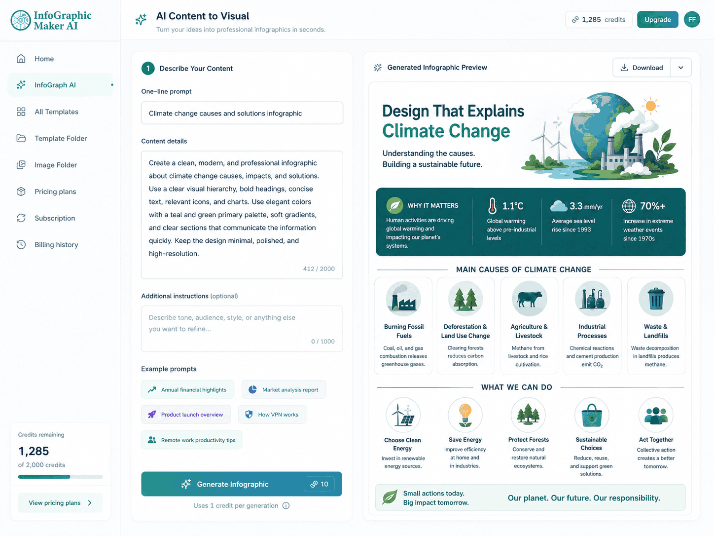 InfoGraphic Maker AI content to visual feature screenshot